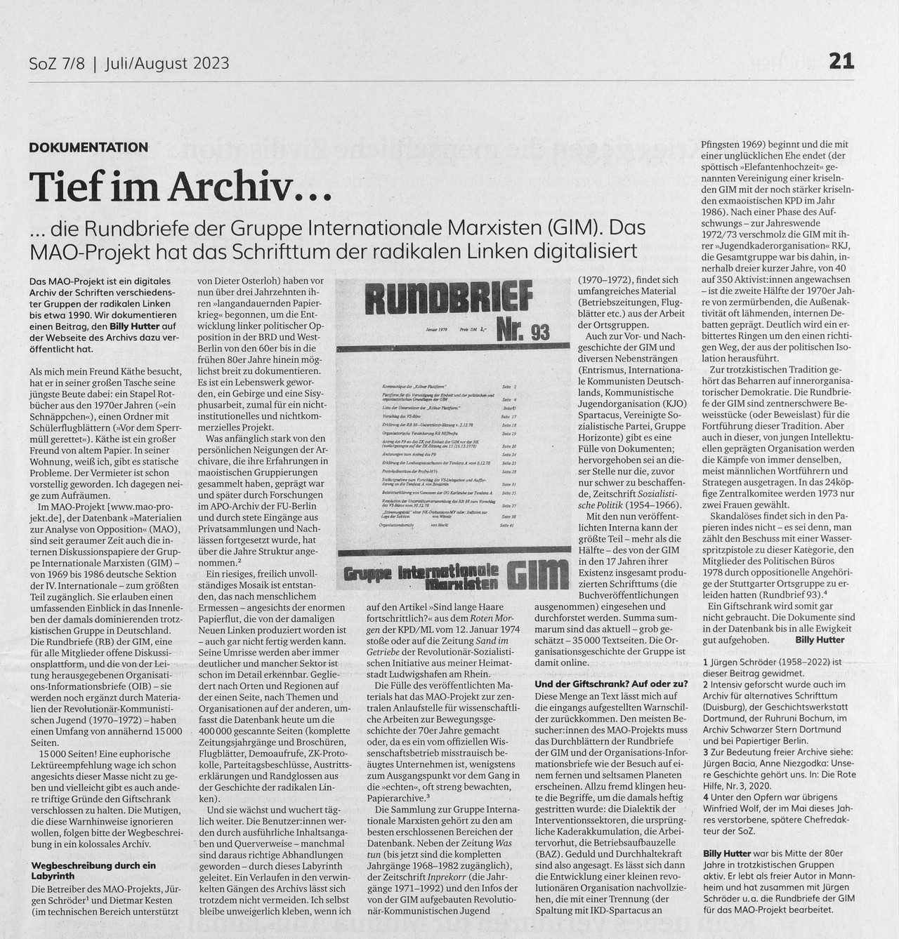 Artikel in SoZ, Nr. 7/8, Juli/August 2023, S. 21